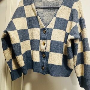 OAK + FORT Blue and Cream Checkered Cardigan